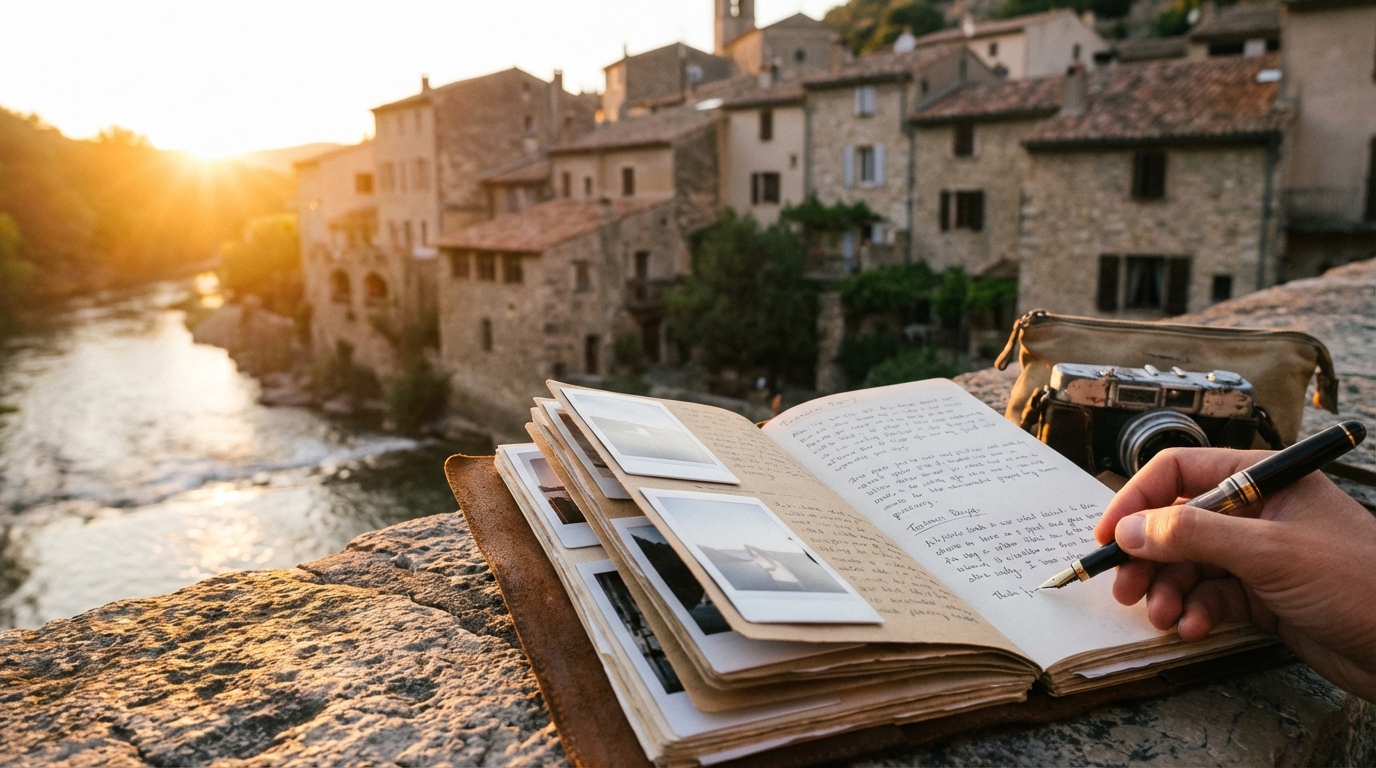 découvrez un modèle innovant de carnet de voyage conçu pour être complété en temps réel pendant votre séjour, capturant chaque instant authentiquement et sans délai.
